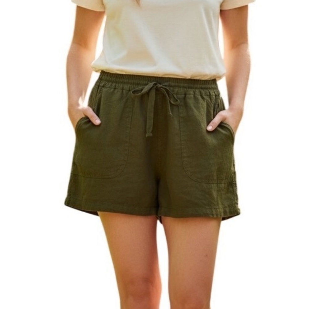 Quince Dark Olive European Linen Preppy Resortwear Beachy Pull On Shorts S